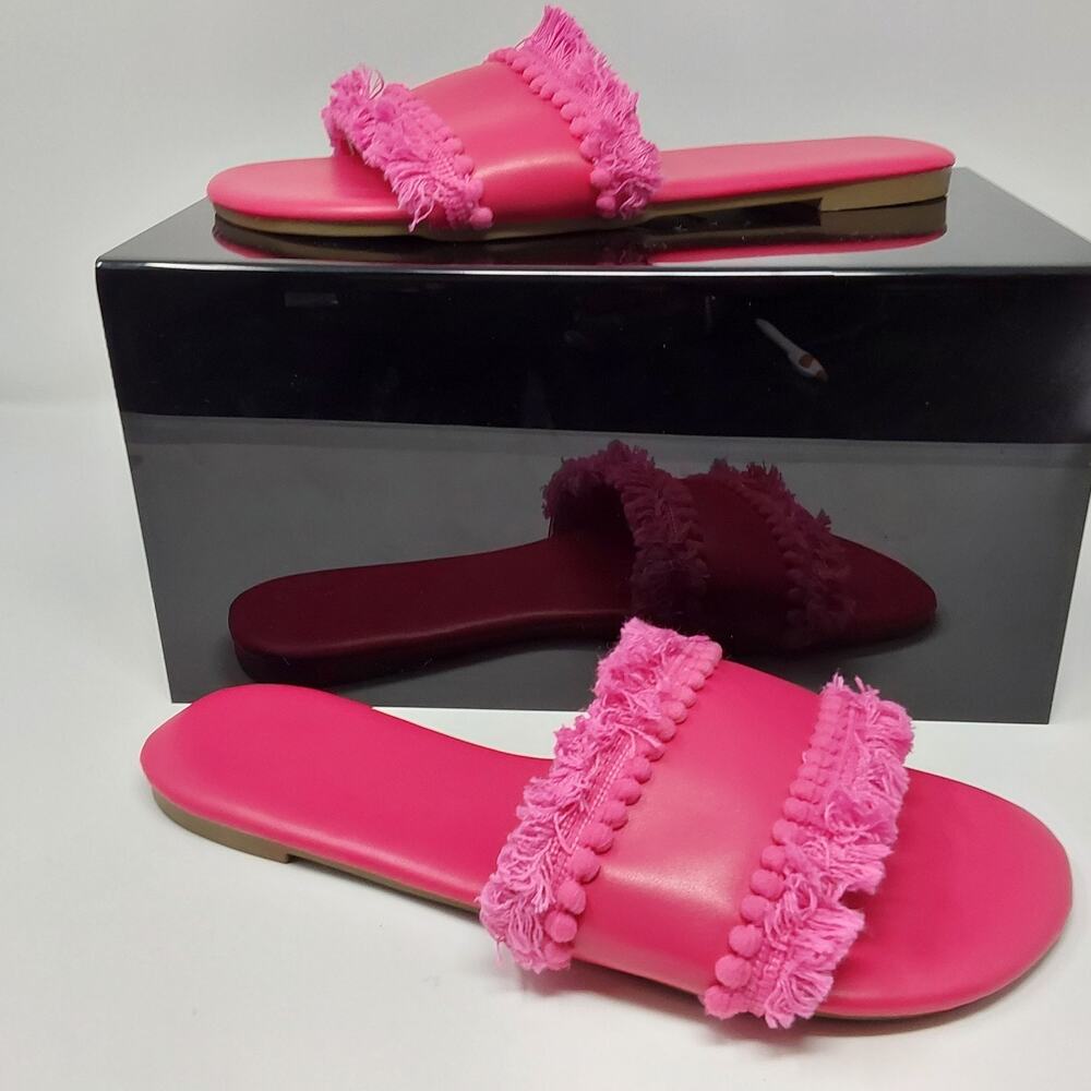 Women's Pink Fringe Slide Sandals Boho Flat Slip On Slides Size EU 43